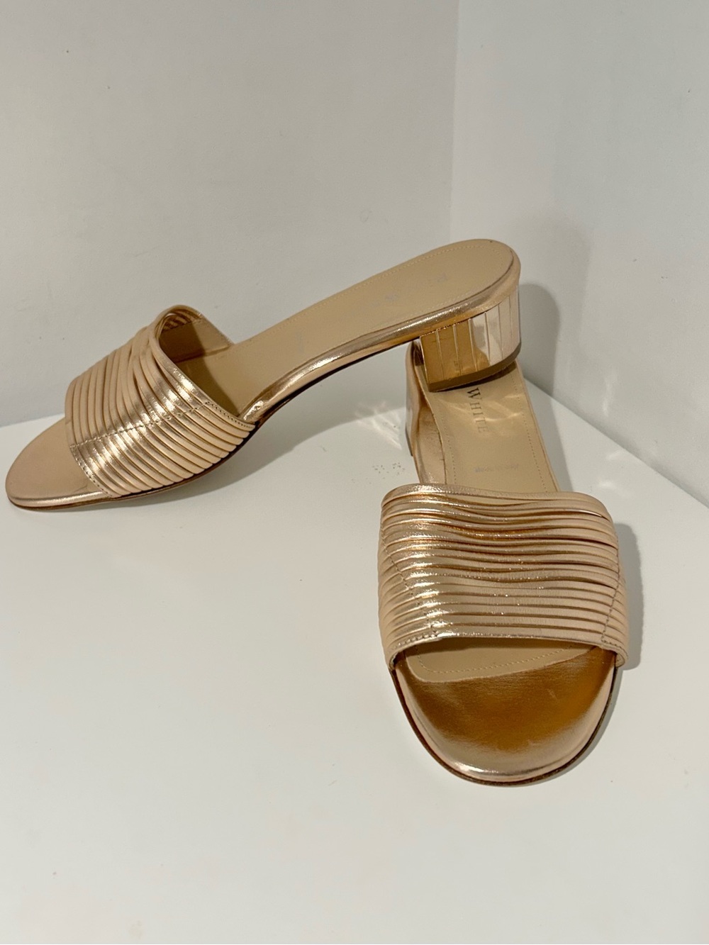Ron White Evena copper bronze leather slides with mirrored heels